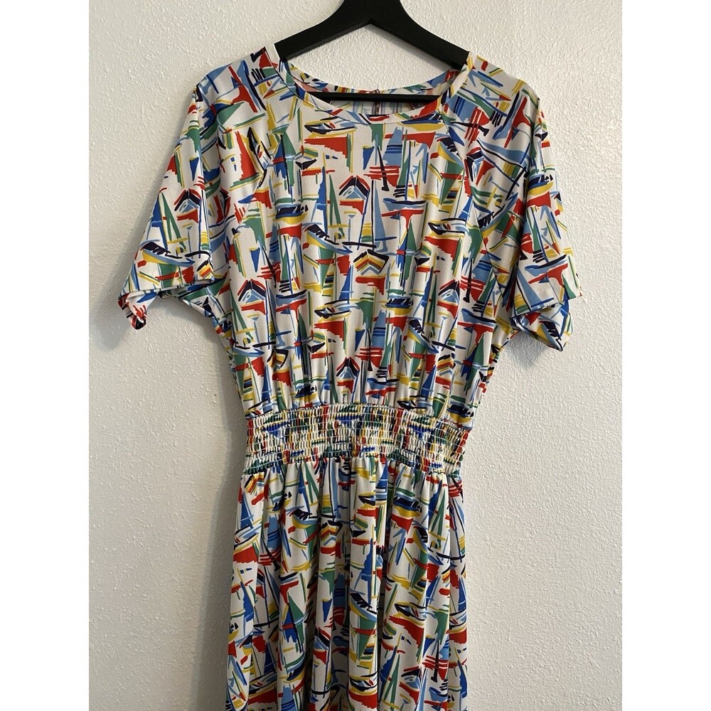 Vintage Retro Midi Knee Length Short sleeve Dress M All Over Sailboat Print D7